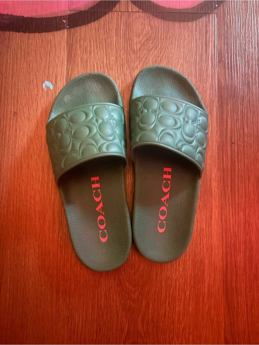 Coach Olive Green Signature Embossed Slide Sandals